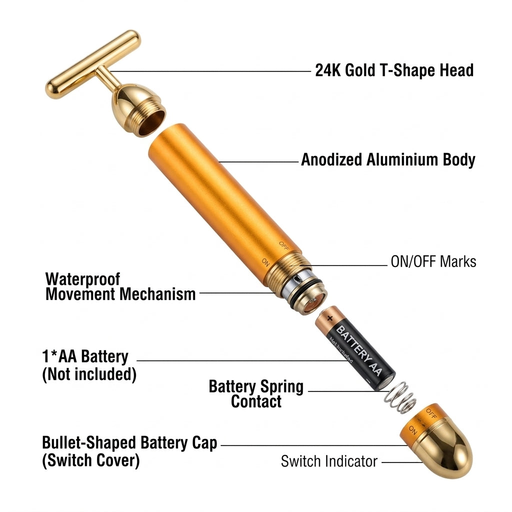 24K Gold Electric Facial Massage Roller Bar — Vibrating T-Shape Beauty Bar for Face Lifting, Skin Tightening, Anti-Wrinkle & V-Face Contouring | Battery Powered