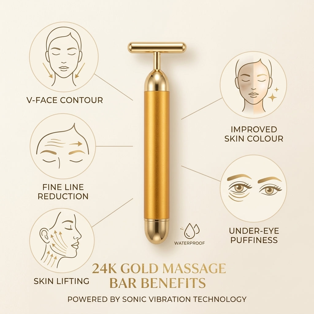 24K Gold Electric Facial Massage Roller Bar — Vibrating T-Shape Beauty Bar for Face Lifting, Skin Tightening, Anti-Wrinkle & V-Face Contouring | Battery Powered